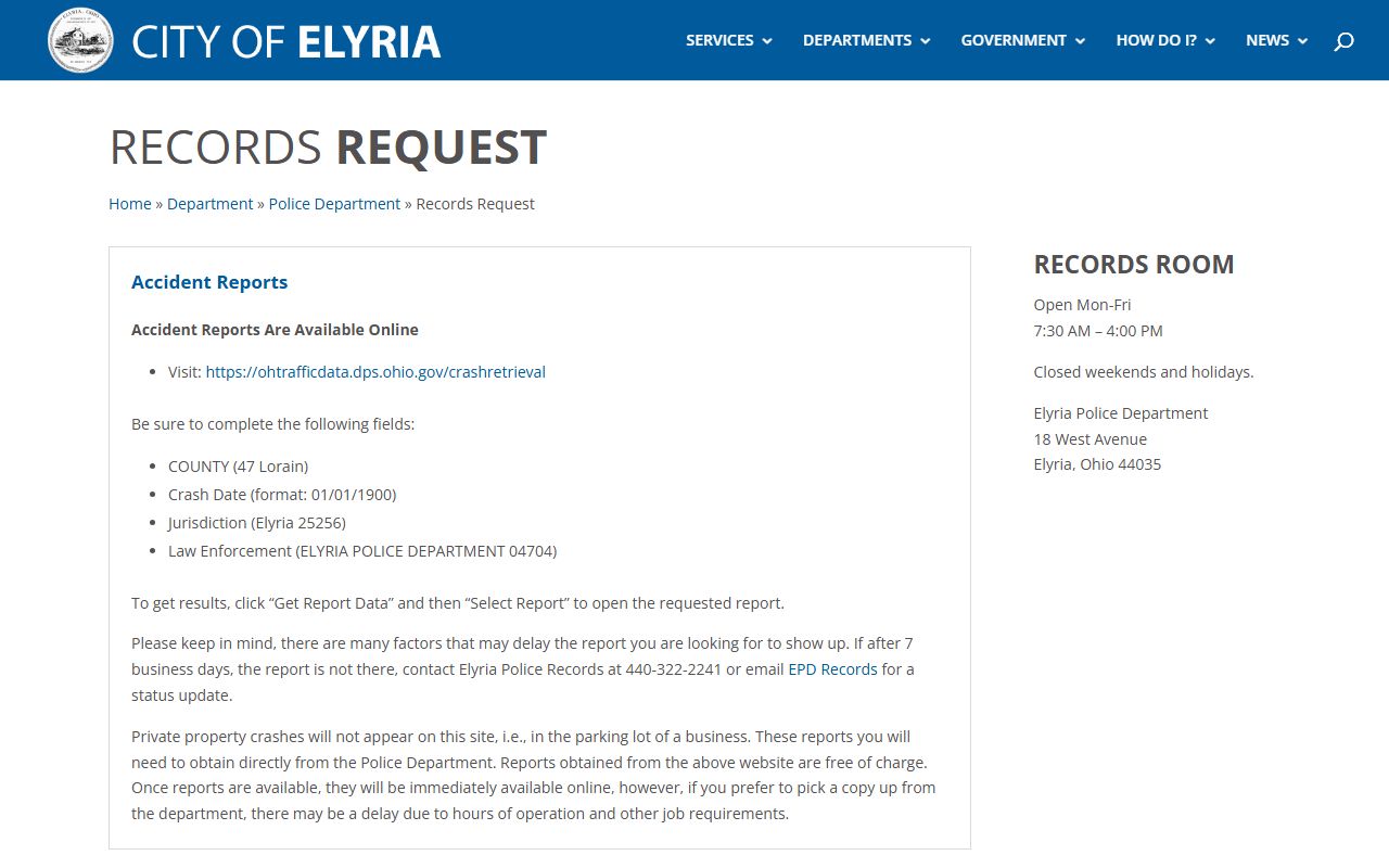 Elyria Police Department records request for felony records