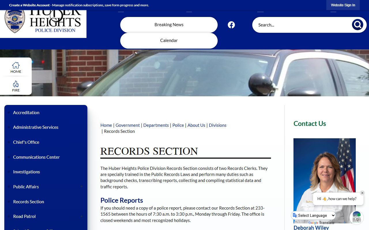 Huber Heights Police Division records section for felony records requests