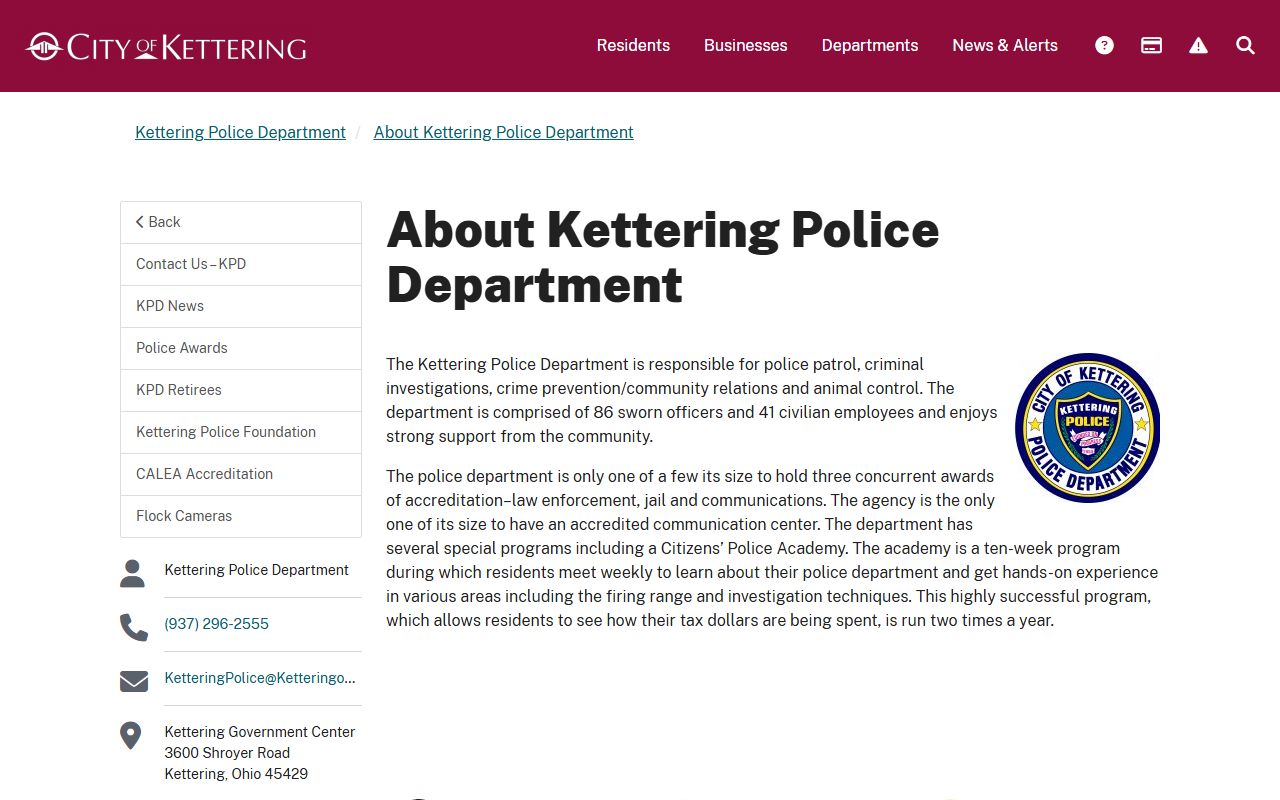 Kettering Police Department records division for felony records