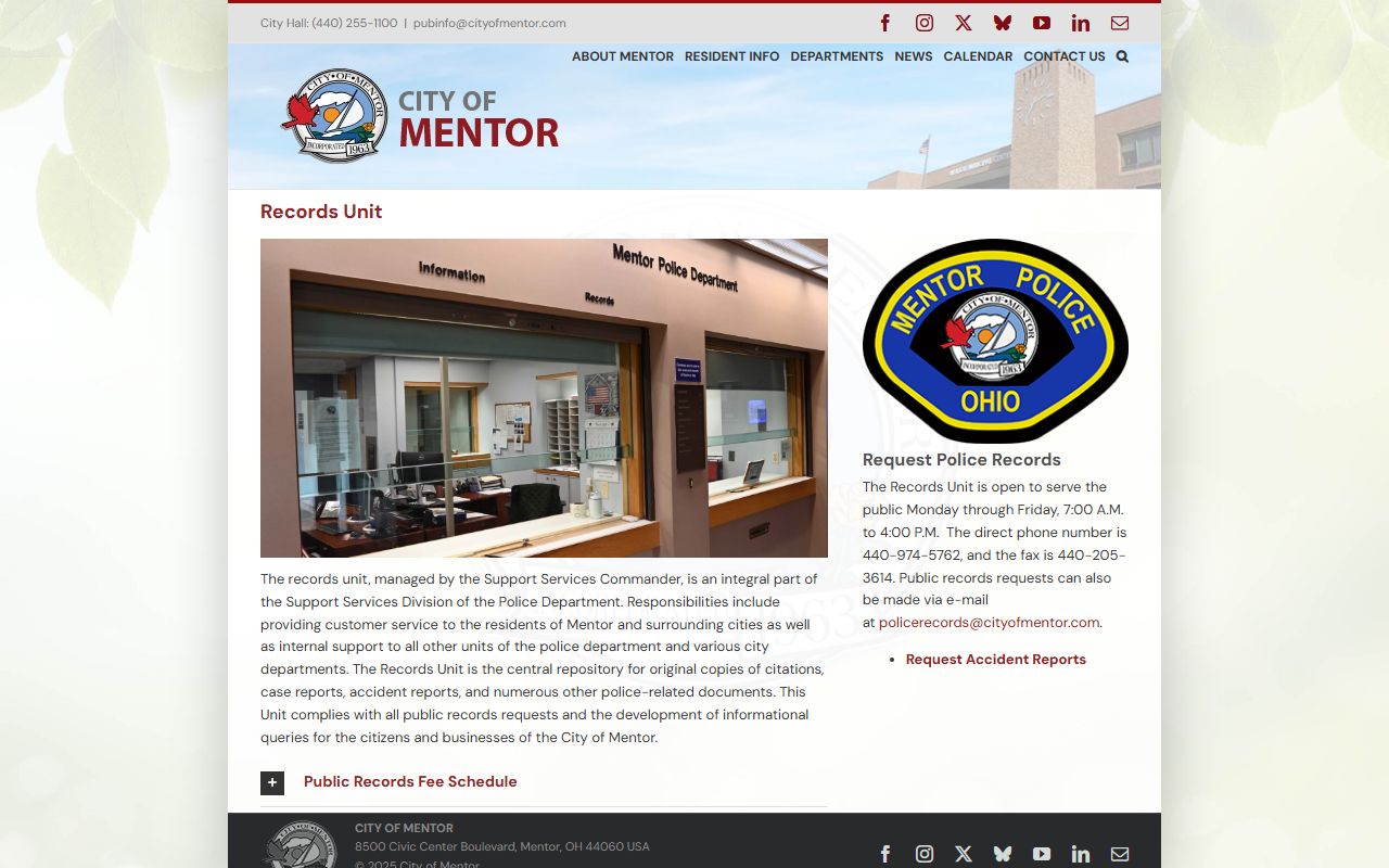 Mentor Police Department records unit for Mentor felony records