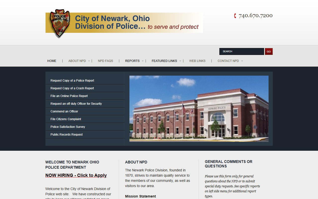 Newark Police Department records request page for felony reports